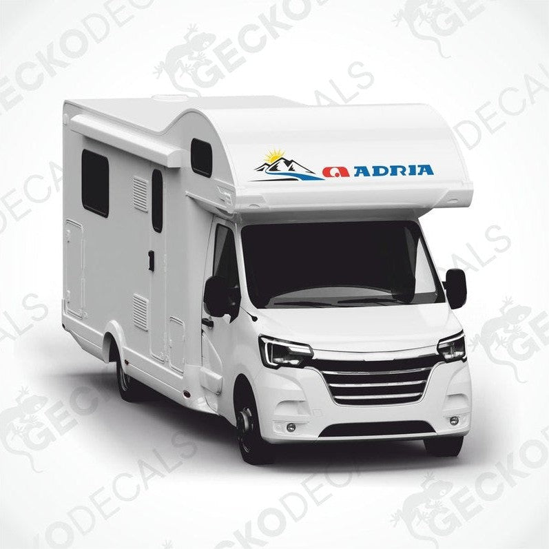 ADRIA Sunshine Mountain die-cut sticker on motorhome roof showing black mountains and yellow sun