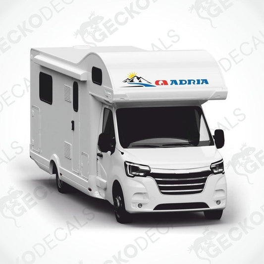 ADRIA Sunshine Mountain die-cut sticker on motorhome roof showing black mountains and yellow sun