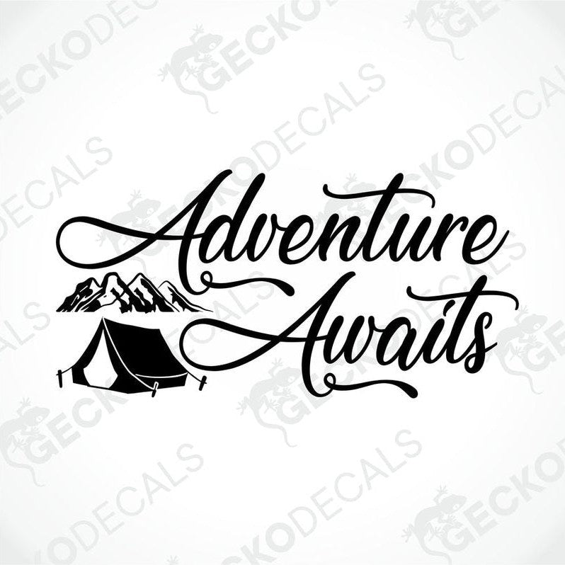 Black Adventure Awaits tent and mountain die-cut decal on transfer paper for camping