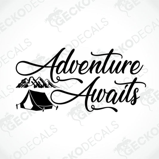 Black Adventure Awaits tent and mountain die-cut decal on transfer paper for camping