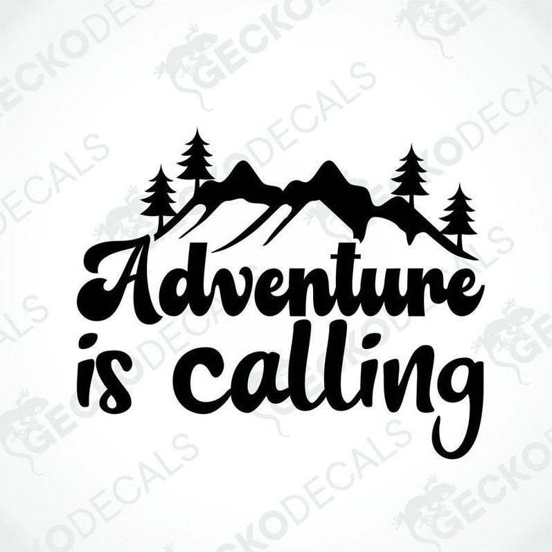 Black Adventure is calling die cut decal with mountain and pine trees silhouette on transfer paper