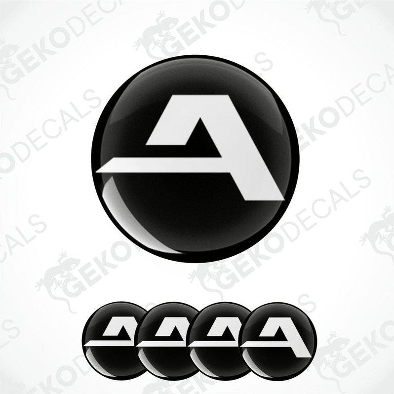 A set of four black vinyl stickers with a white 'ALCAR' logo design, displayed on a transparent background.