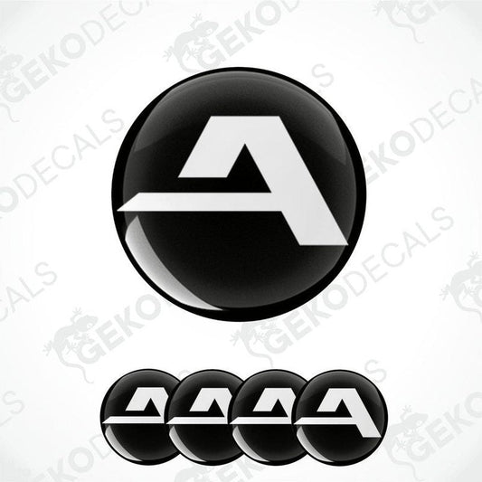 A set of four black vinyl stickers with a white 'ALCAR' logo design, displayed on a transparent background.