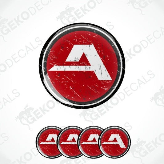 A set of four red and white car decals with a geometric design, including a sticker with the brand name ALCAR.