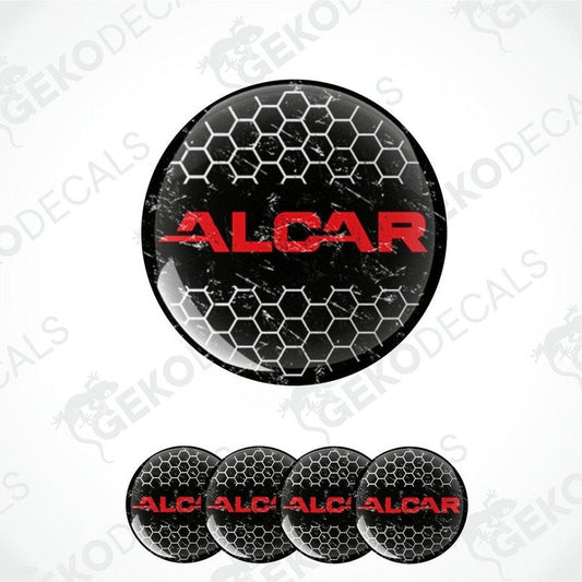 Set of four round car decals with a geometric honeycomb pattern and the brand name 'ALCAR' in the center.