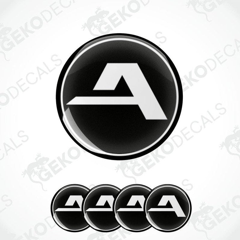 A set of four black vinyl stickers with a white 'ALCAR' logo design, displayed on a transparent background.