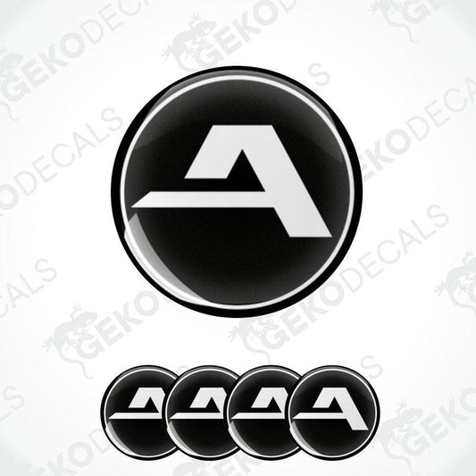A set of four black vinyl stickers with a white 'ALCAR' logo design, displayed on a transparent background.