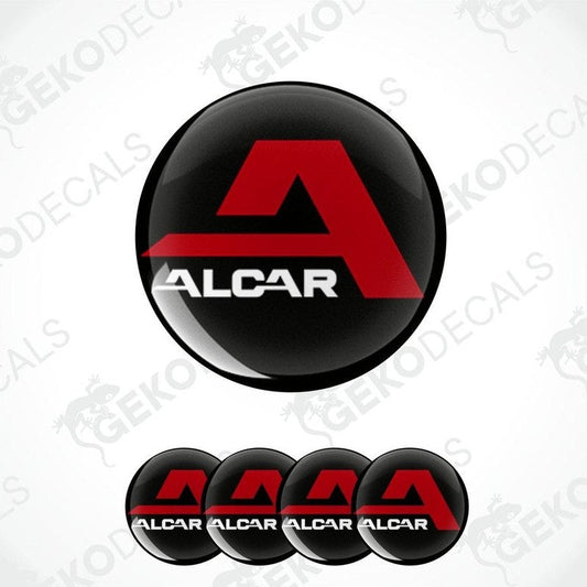 Set of four round car decals with the ALCAR logo in red and white on a black background.