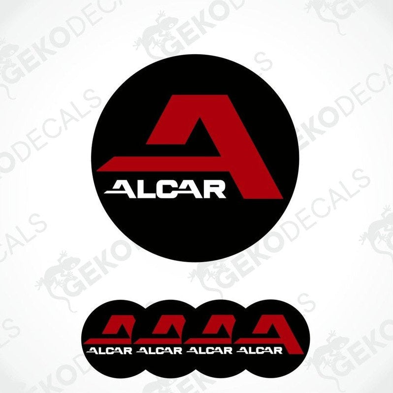 Set of four round car decals with the ALCAR logo in red and white on a black background.