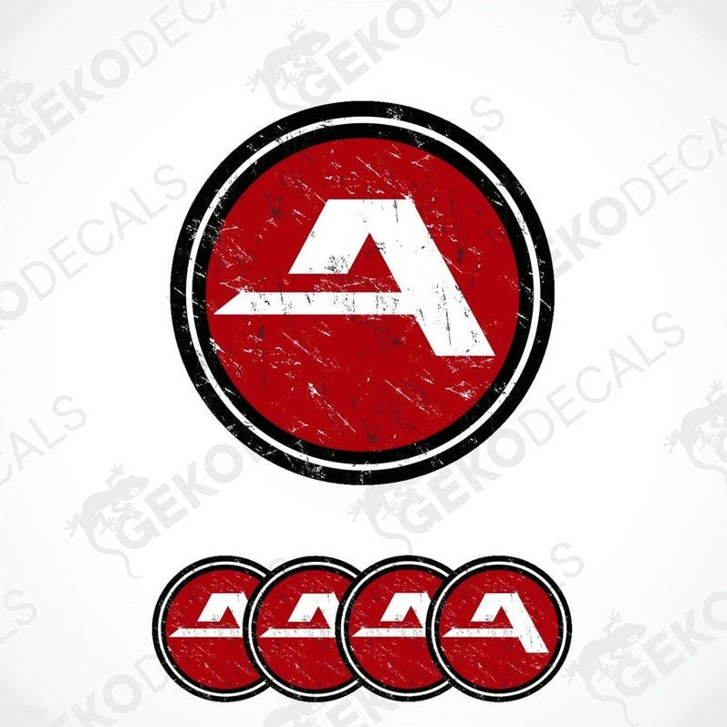 A set of four red and white car decals with a geometric design, including a sticker with the brand name ALCAR.