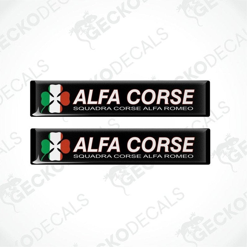 Two black vinyl stickers with the text 'ALFA CORSE' and a graphic of the Italian flag, placed against a white background.