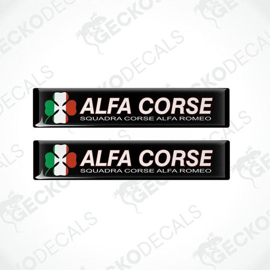 Two black vinyl stickers with the text 'ALFA CORSE' and a graphic of the Italian flag, placed against a white background.