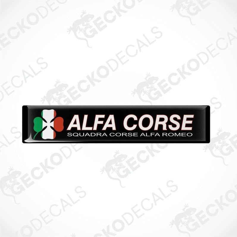 Two black vinyl stickers with the text 'ALFA CORSE' and a graphic of the Italian flag, placed against a white background.