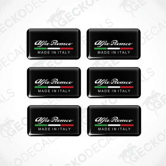 Set of six Alfa Romeo branded vinyl decals with 'Made in Italy' text and the Italian flag colors.