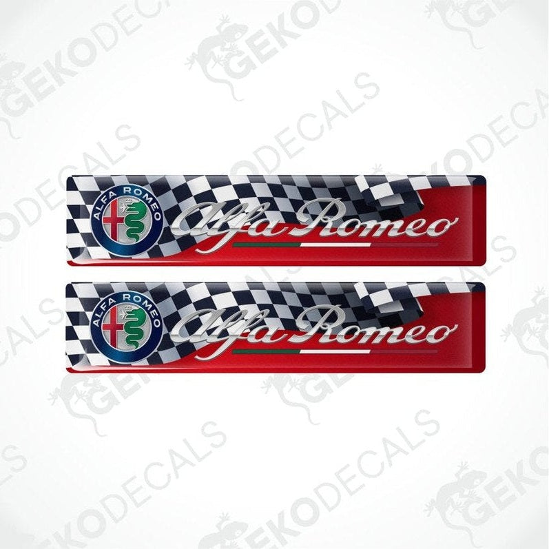 Two Alfa Romeo logo decal stickers with checkered pattern on a white background.