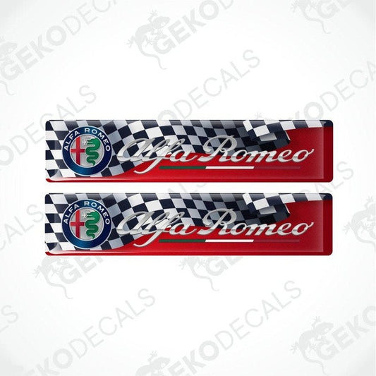 Two Alfa Romeo logo decal stickers with checkered pattern on a white background.
