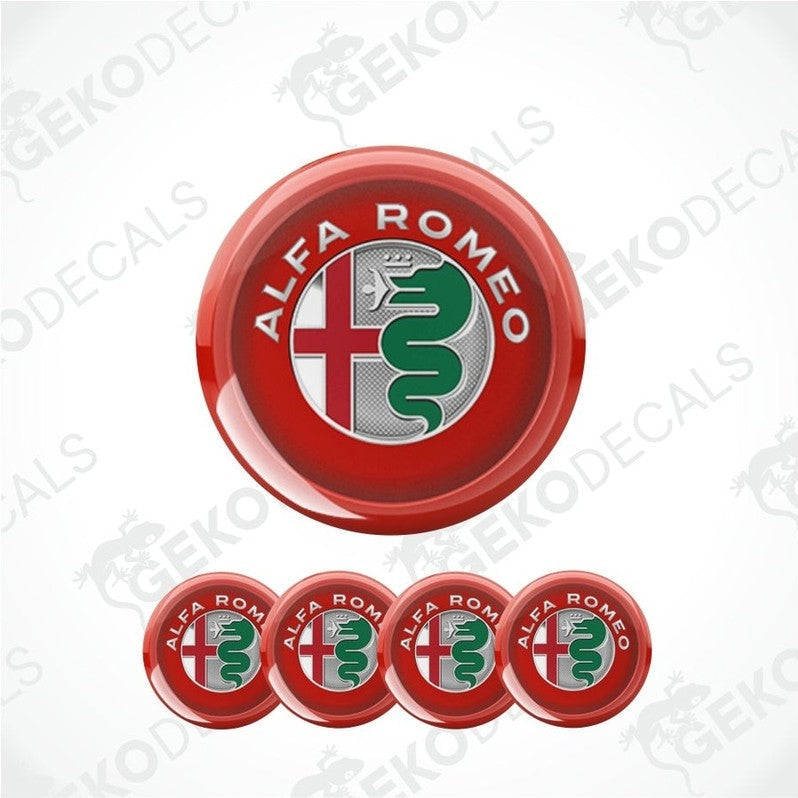 Alfa Romeo logo and brand name on red circular decal with multiple smaller decals below.
