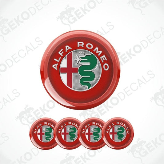 Alfa Romeo logo and brand name on red circular decal with multiple smaller decals below.