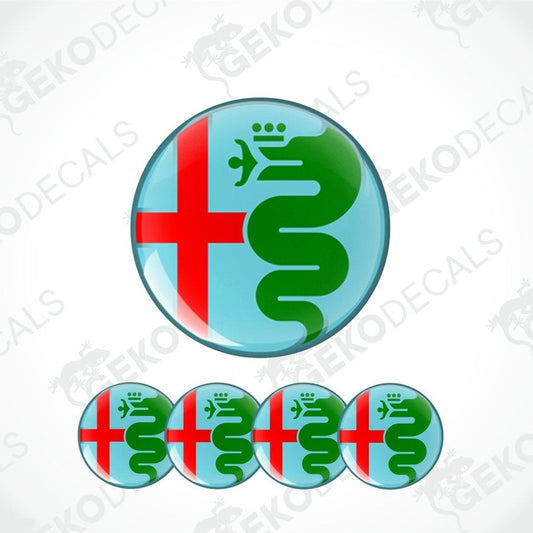 Set of round decals with a red cross and green snake design on a white background.