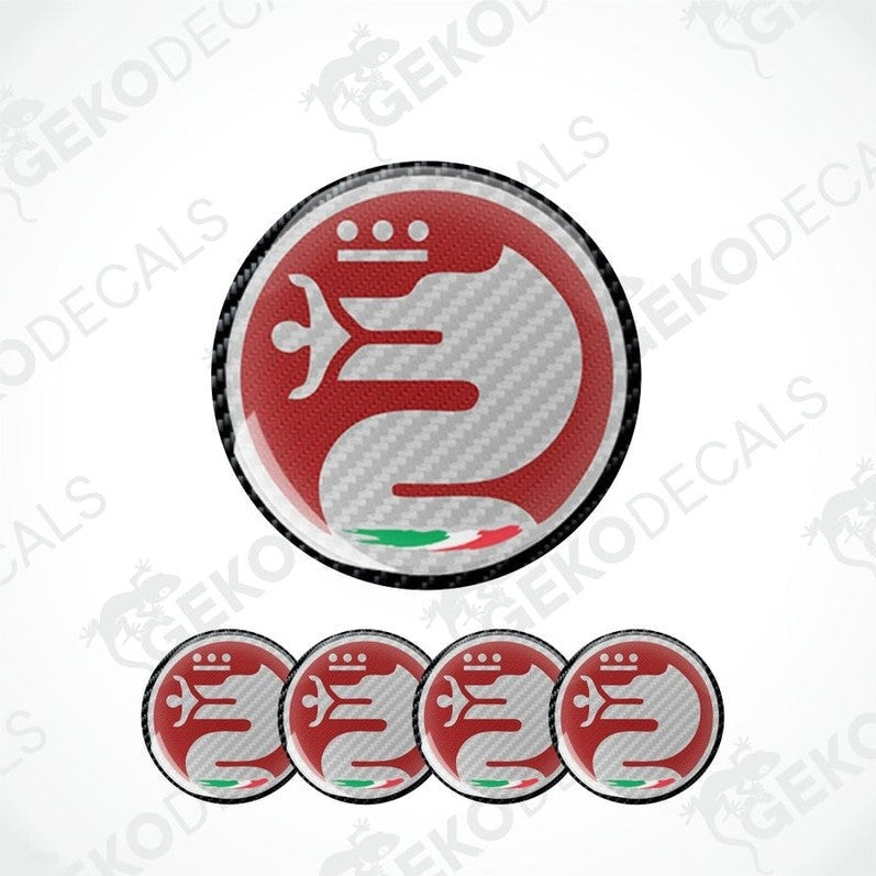 Set of red and white car decals with a logo on a white background.