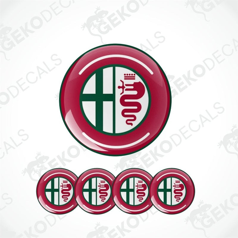A set of four red, white, and green car decals featuring the Alfa Romeo logo.