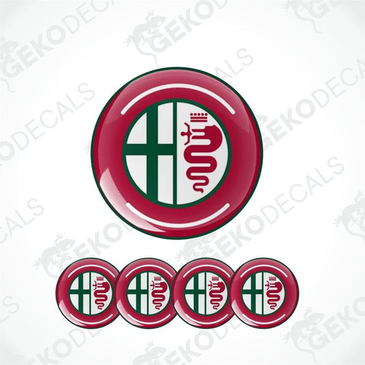 A set of four red, white, and green car decals featuring the Alfa Romeo logo.