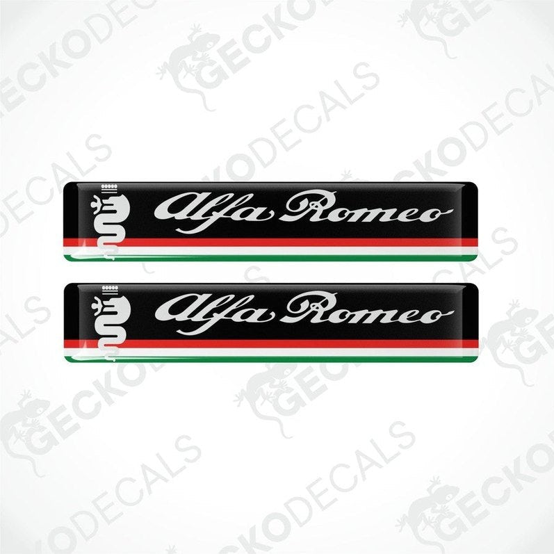 Two black vinyl stickers with the Alfa Romeo brand logo and a green, white, and red stripe design.