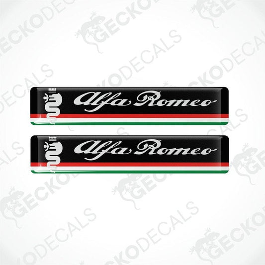 Two black vinyl stickers with the Alfa Romeo brand logo and a green, white, and red stripe design.
