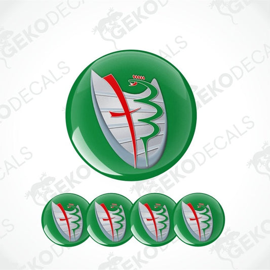 Set of green decals with a logo on a white background