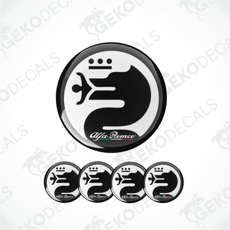 A set of four round vinyl stickers with a black and white Alfa Romeo logo design, displayed against a white background.