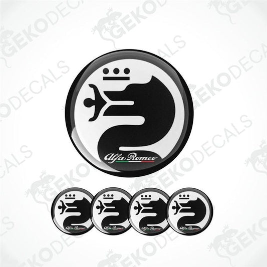 A set of four round vinyl stickers with a black and white Alfa Romeo logo design, displayed against a white background.