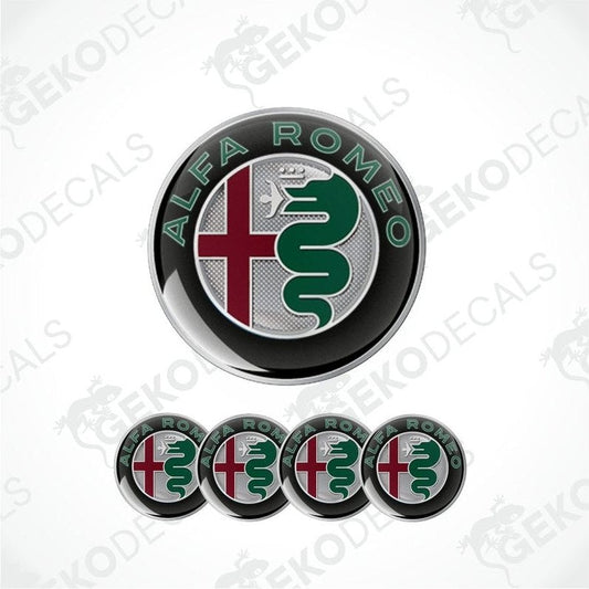 Set of four Alfa Romeo branded vinyl decals with a polyurethane coating, featuring the car logo with a green snake on a red and white background.