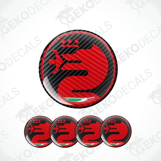 Red and black car logo decal with carbon fiber texture on a white background.