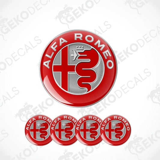Alfa Romeo logo and five smaller versions on a white background with 'GECKODECALS' watermark.