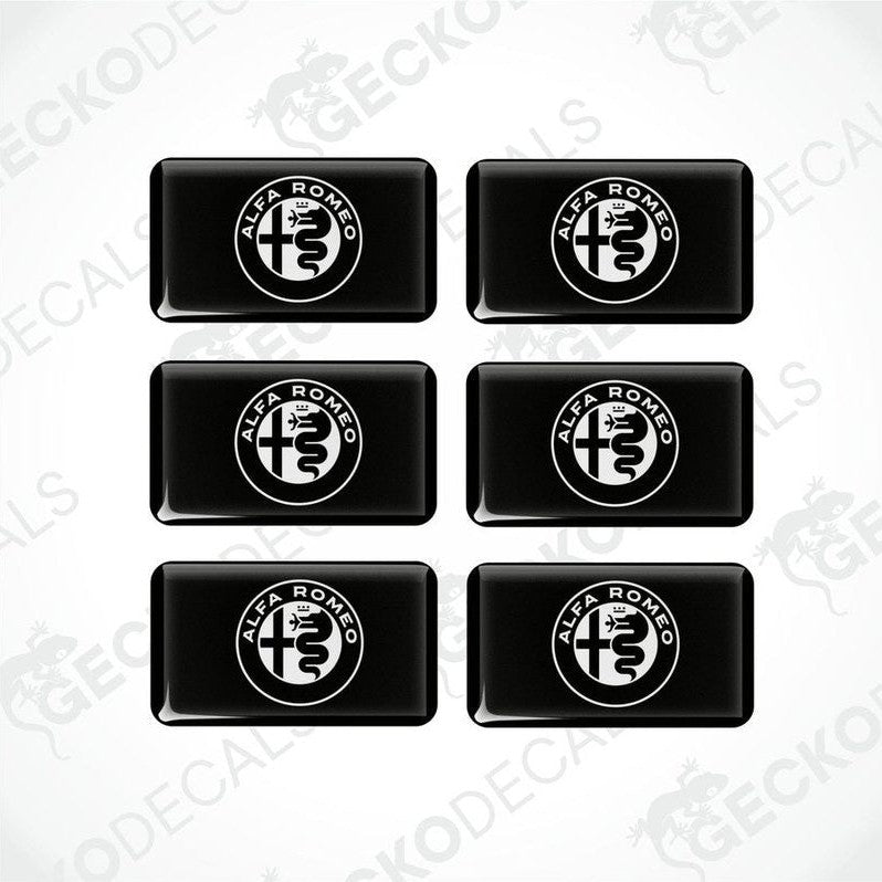 A set of six black vinyl stickers with the ALFA ROMEO brand logo printed on them.