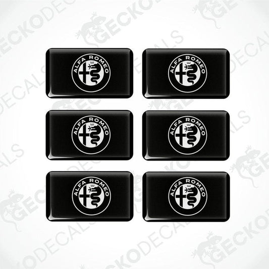 A set of six black vinyl stickers with the ALFA ROMEO brand logo printed on them.