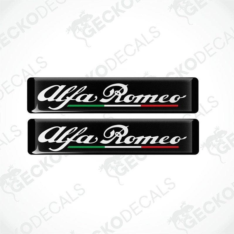 Two black vinyl stickers with the Alfa Romeo brand logo and red, white, and green stripes.