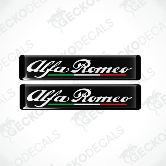 Two black vinyl stickers with the Alfa Romeo brand logo and red, white, and green stripes.