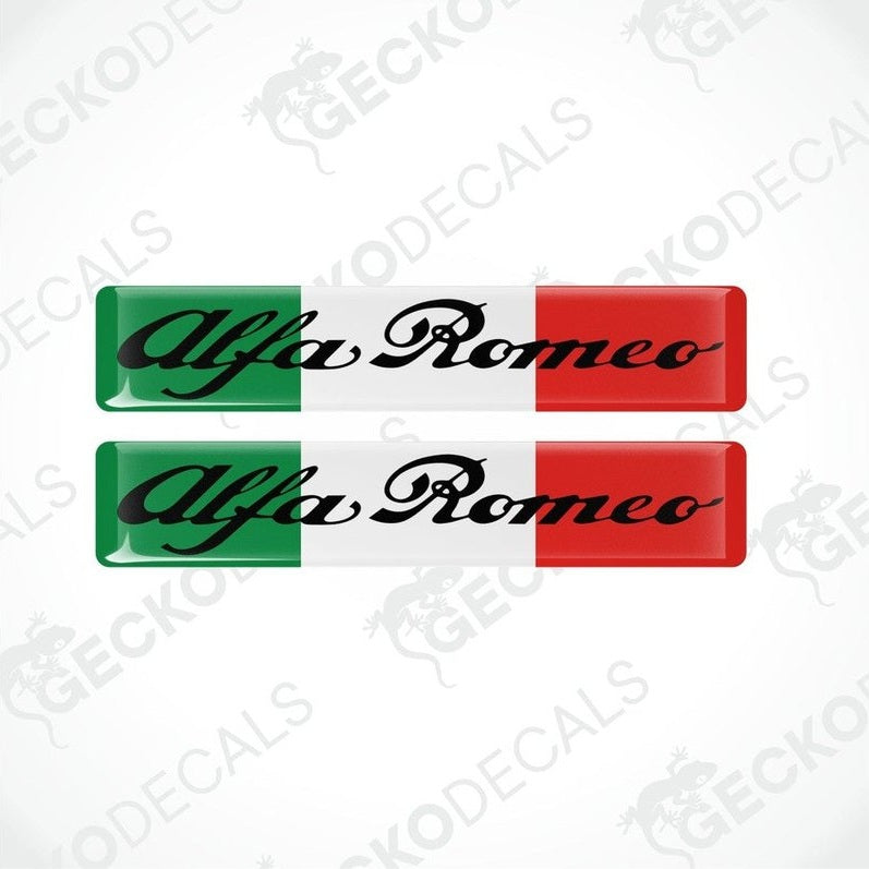 Two vinyl stickers with the ALFA ROMEO branding and Italian flag colors.