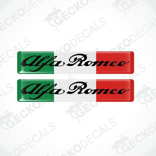 Two vinyl stickers with the ALFA ROMEO branding and Italian flag colors.