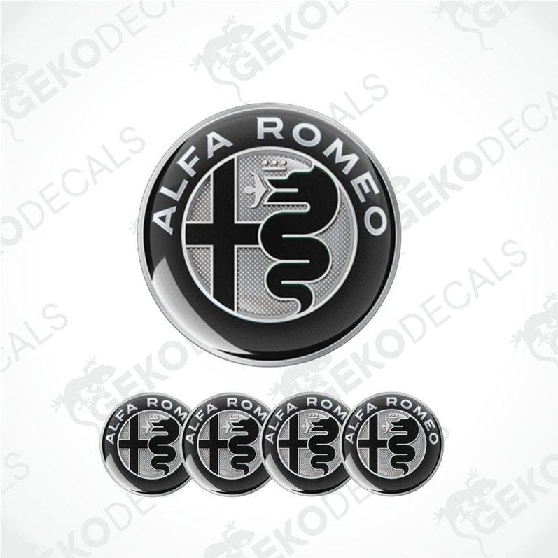 A set of four black vinyl stickers with the ALFA ROMEO logo, designed for use on car wheels or caps.