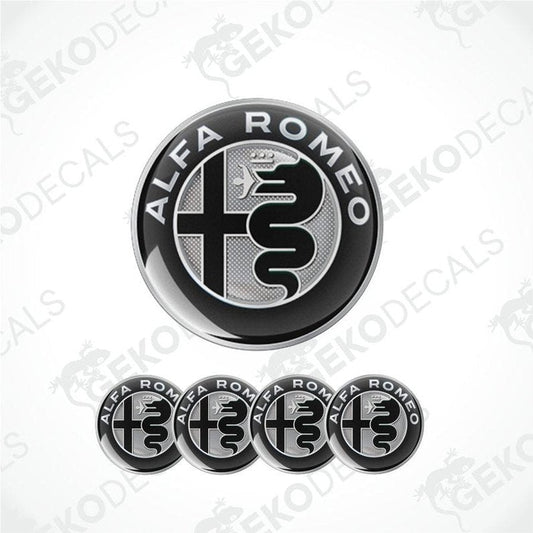 A set of four black vinyl stickers with the ALFA ROMEO logo, designed for use on car wheels or caps.