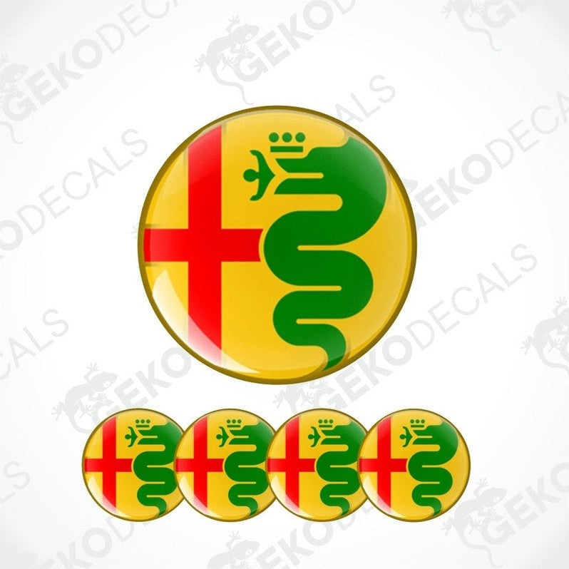 Set of round decal stickers with a yellow background, red cross, and green snake design on a white background.