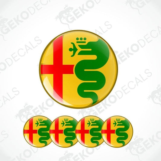 Set of round decal stickers with a yellow background, red cross, and green snake design on a white background.