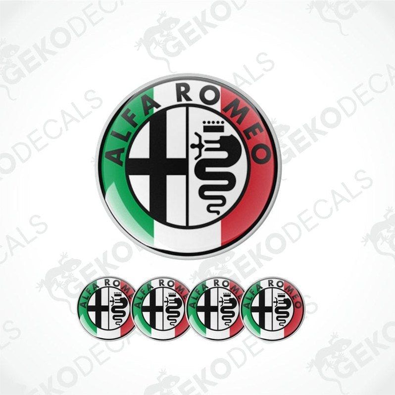 A set of four round vinyl stickers with the Alfa Romeo logo in the center, featuring colors black, white, red, and green, and the GeckoDecals brand logo.