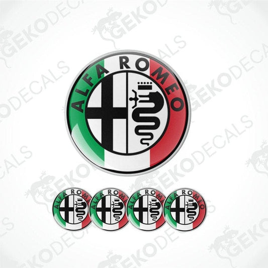 A set of four round vinyl stickers with the Alfa Romeo logo in the center, featuring colors black, white, red, and green, and the GeckoDecals brand logo.