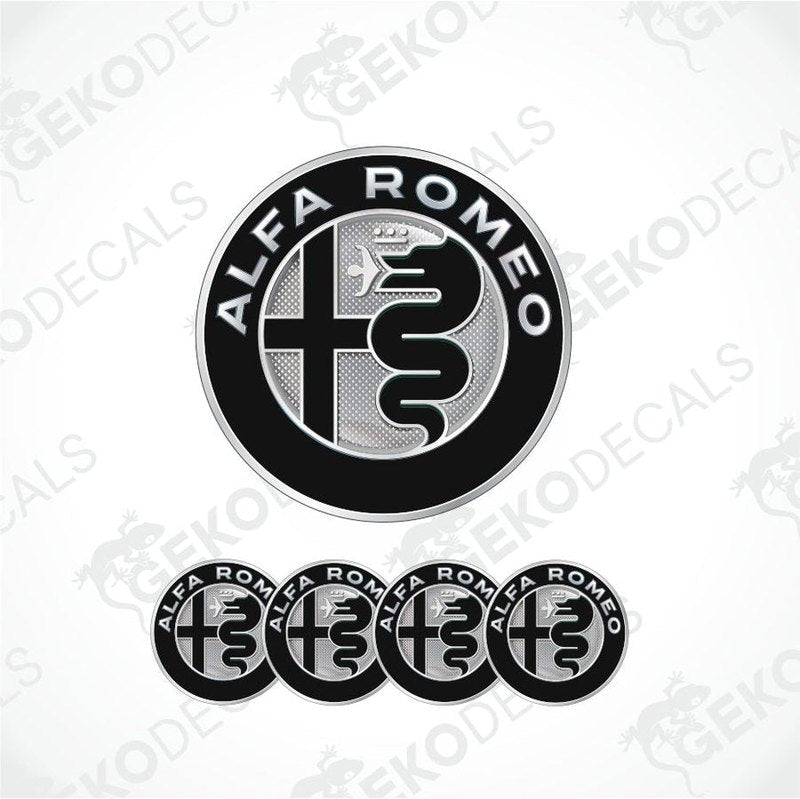 A set of four black vinyl stickers with the ALFA ROMEO logo, designed for use on car wheels or caps.