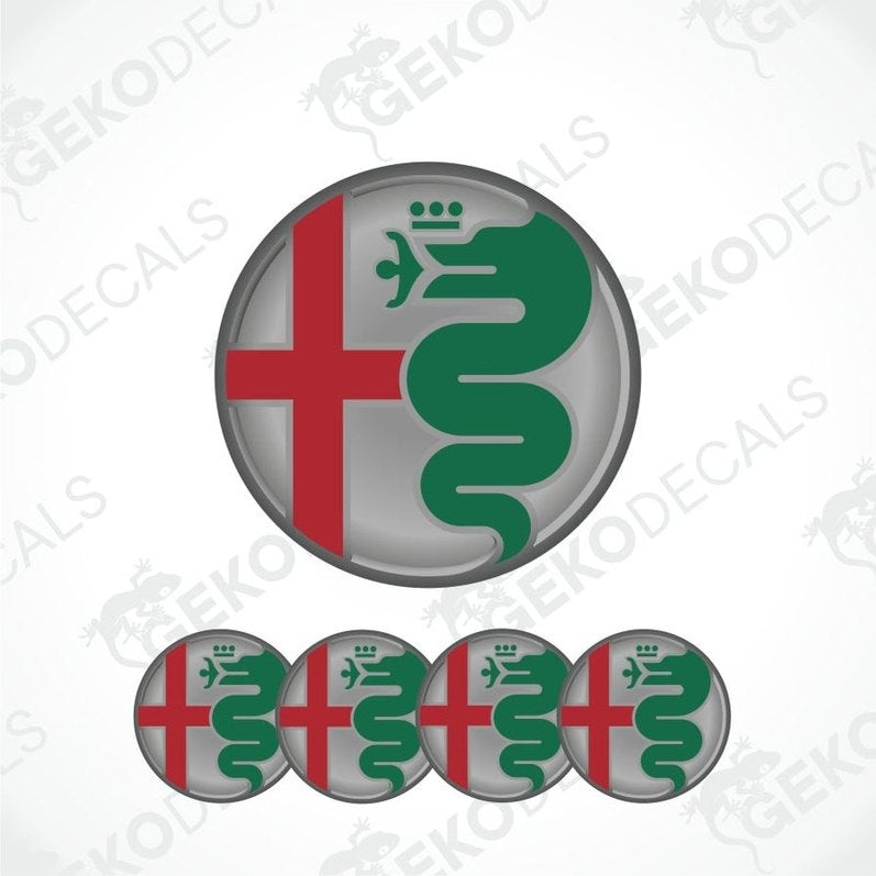 Set of car emblems with a green snake, red cross, and silver border on a white background.