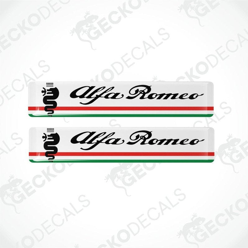 Two white vinyl stickers with the Alfa Romeo brand logo and a green, white, and red stripe design.