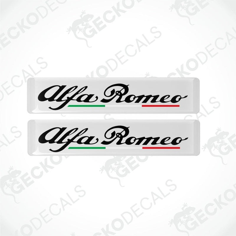 Two white vinyl stickers with the Alfa Romeo brand logo and red, white, and green stripes.